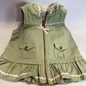Tahari vest baby girl sage green 3-6 month pink and white ticking inside hood
